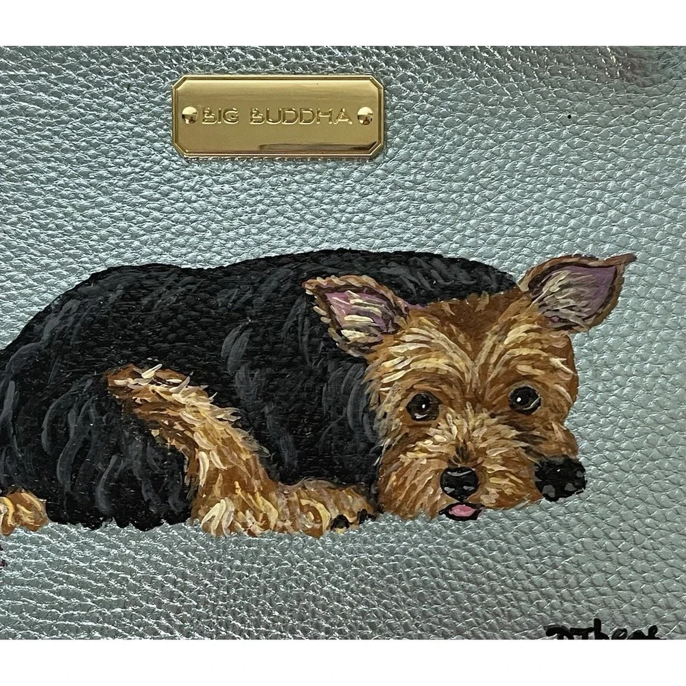 Big‎ Buddha Aqua Metallic Leather Pouch Hand Painted Yorkie Dog Clutch Bag